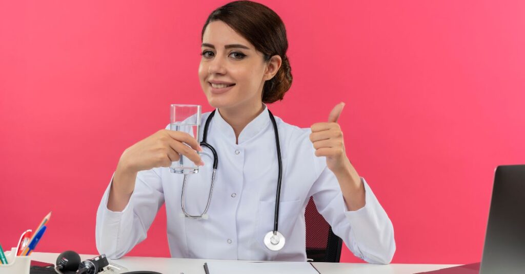 A female Doctor Drinking water. the concept of who should perform health inspections?