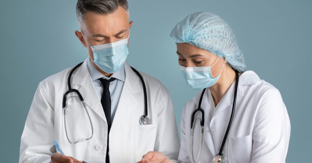 Doctor and nurse in special equipment Concept of which of the following statements are true about safety and health inspections?